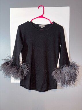 Neiman Marcus Cashmere Collection black feather-cuff sweater